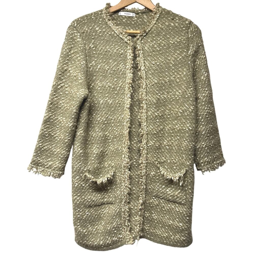 Mango Size 6 Medium Cardigan Long Sage Green Boucle Tweed Fringe Trim Boho
